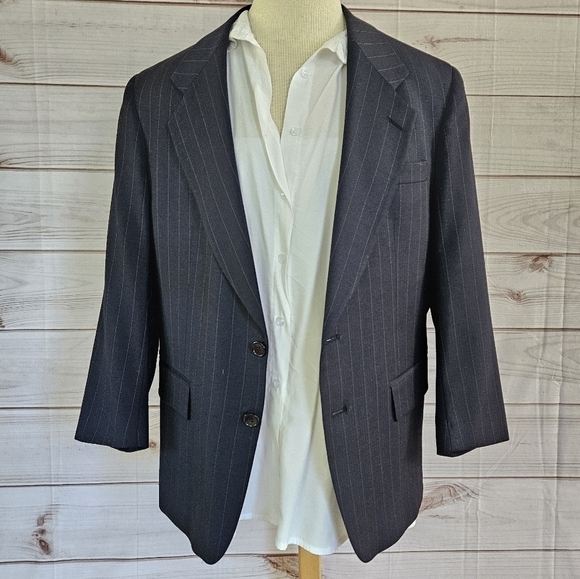 Givenchy Vintage Single Breast Tailored Pinstripe Blazer in Blue and Tan Sz 39S - Picture 3 of 16